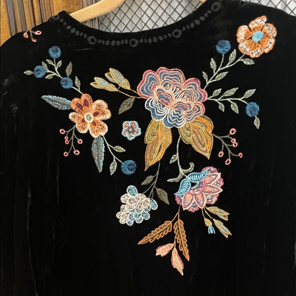 Johnny Was Black velvet Dress with Floral Embroidery elbow length sleeves. - Picture 3 of 3